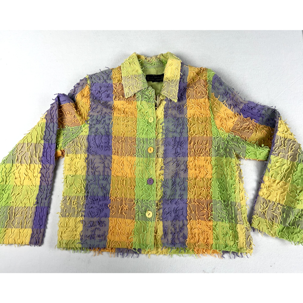 Life Style Wearable Art Jacket‎ Size L Colorful Pastel Blazer Fringe Mature